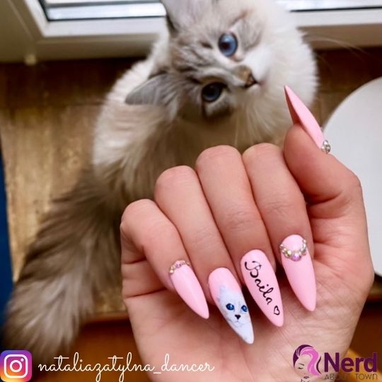pink cat nail art design
