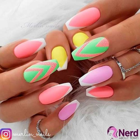 colorful coffin v french tip nails