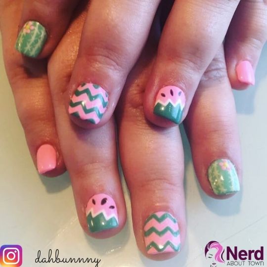 watermelon pink and green nails