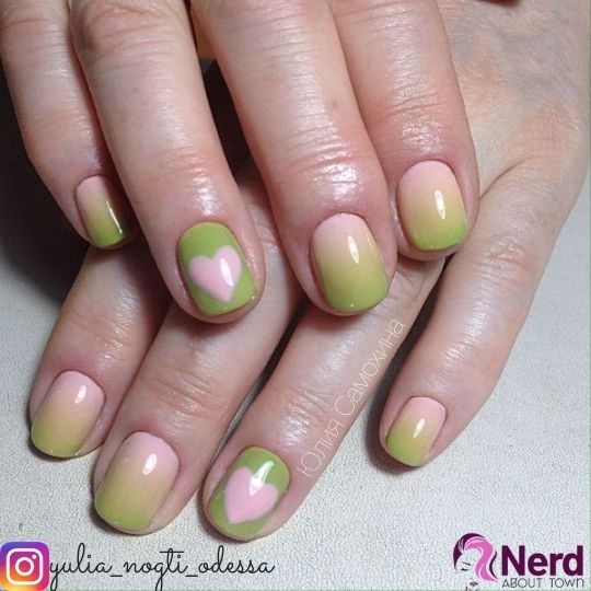 green and pink heart nail design
