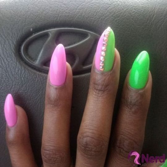 green and pink nail design