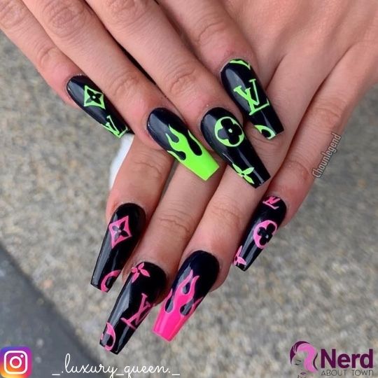 green and pink nails
