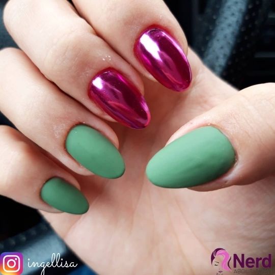 metallic pink and green nails