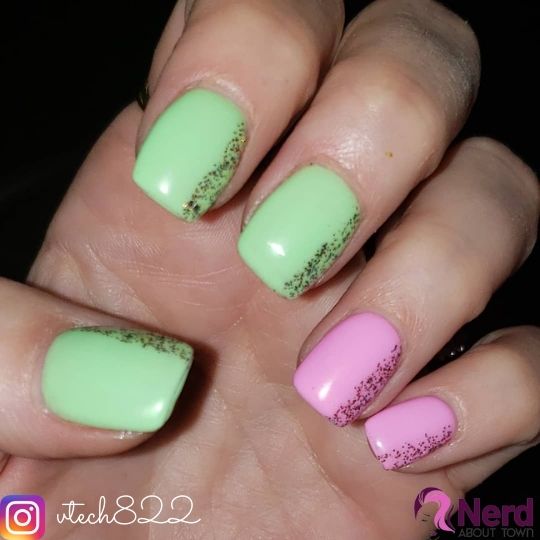 glitter pink and green nails