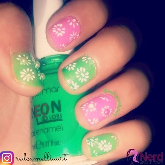 pink and green flowery nails