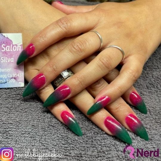 pink and green gel nail design