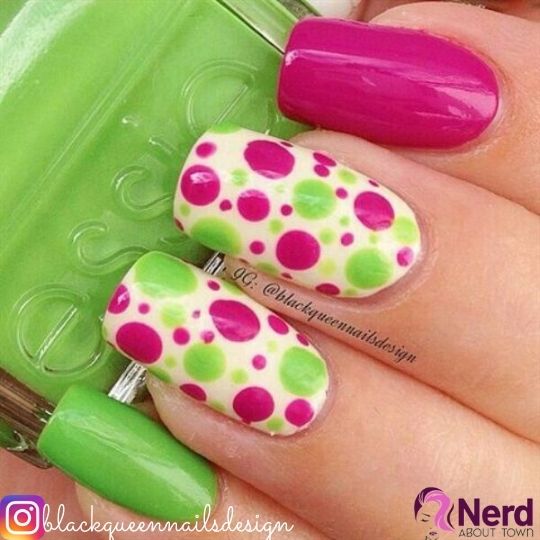 green and pink polkadot nails