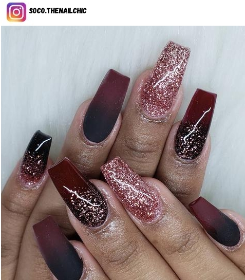 rose gold burgundy nail design